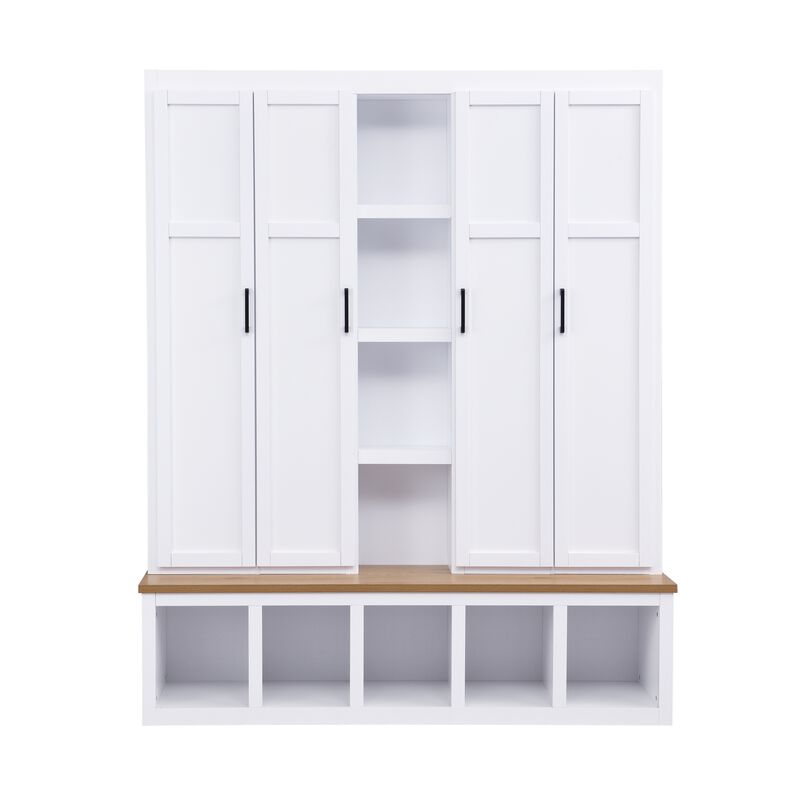 Merax Farmhouse 4-in-1 Hall Tree 6 Hanging Hooks, Wood Grain Bench | Shoe Cabinet with Open Storage