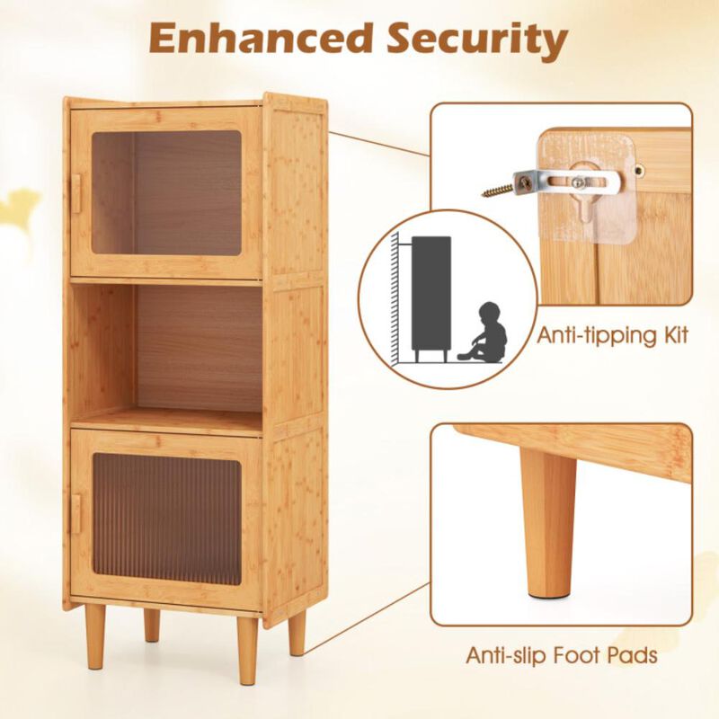 Hivvago 3-Cube Bamboo Storage Cabinet with Open Compartment and 2 Acrylic Doors