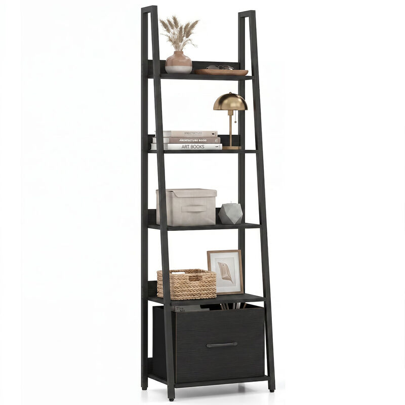 Modern 5-Tier Ladder Bookshelf with Fabric Storage Drawer image number 3
