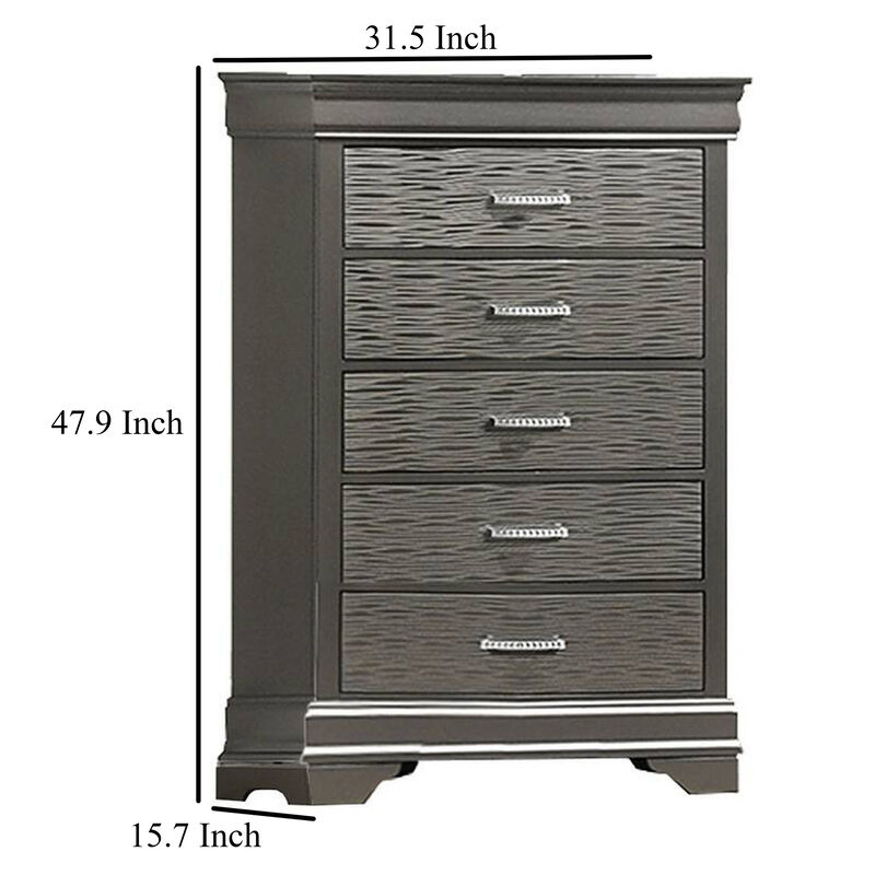 Jean Tall Dresser Chest, 5 Drawers, Chrome, Dark Gray Solid Wood - Benzara