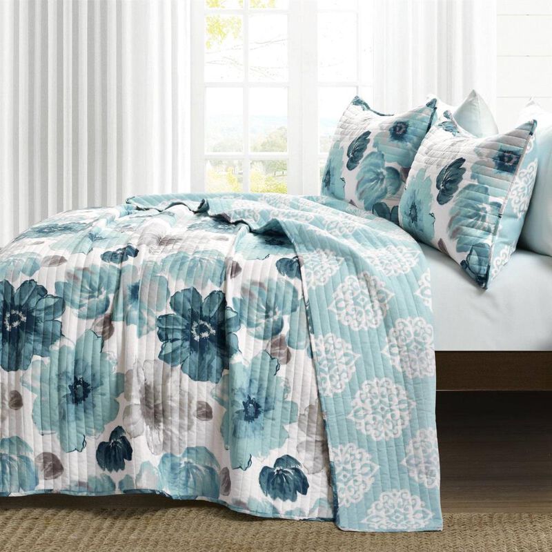 Hivvago Blue Grey Flowers Lightweight Polyester Microfiber Quilt Set