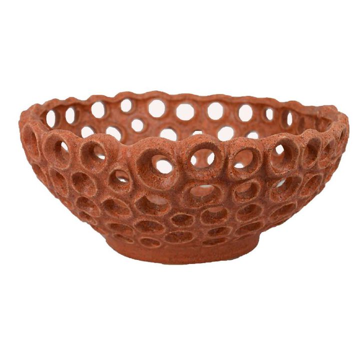 Nian Decorative Bowl, Earthy Brown Ceramic, Perforated Holes, 13 Inch