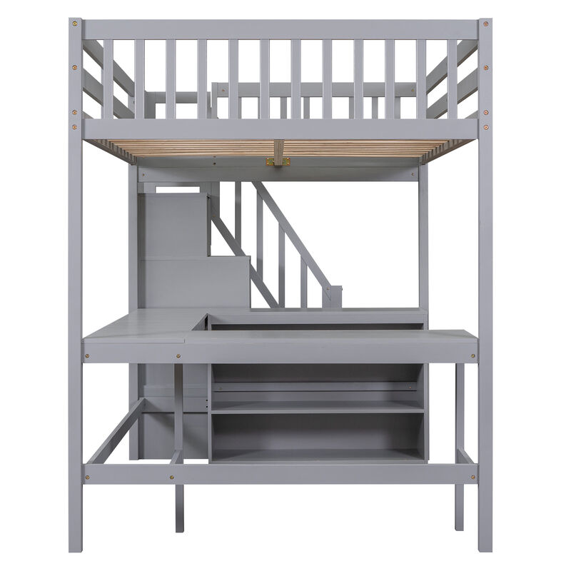 Merax Full Size Loft Bed with Built-in L-Shaped Desk and Three-Tier Storage Shelves