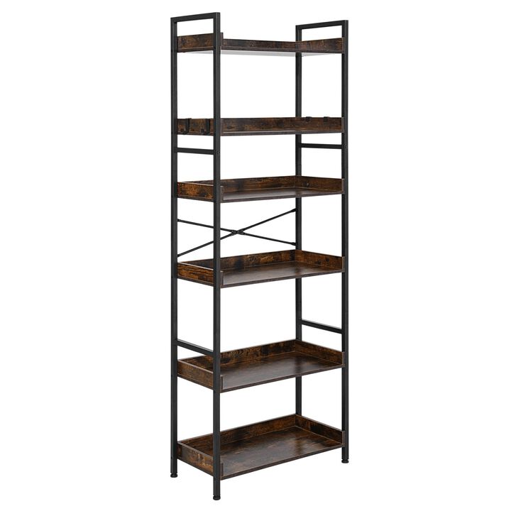 6 Tier Industrial Bookshelf with Metal Frame, Vintage Ladder Storage Shelf