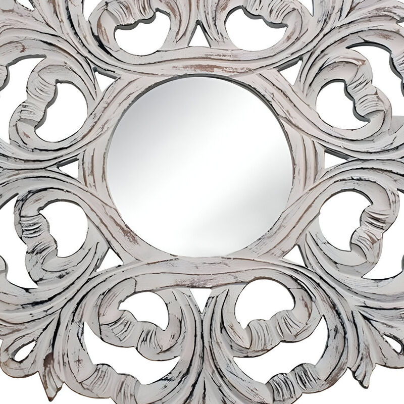 HomeRoots 24" White Floral Scrollwork Distressed Round Framed Accent Mirror image number 3