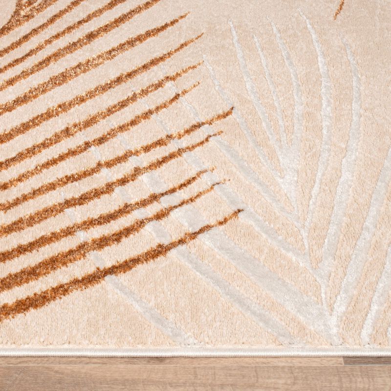 Modern Rug with Textured Palm Leaves in Cream Gold
