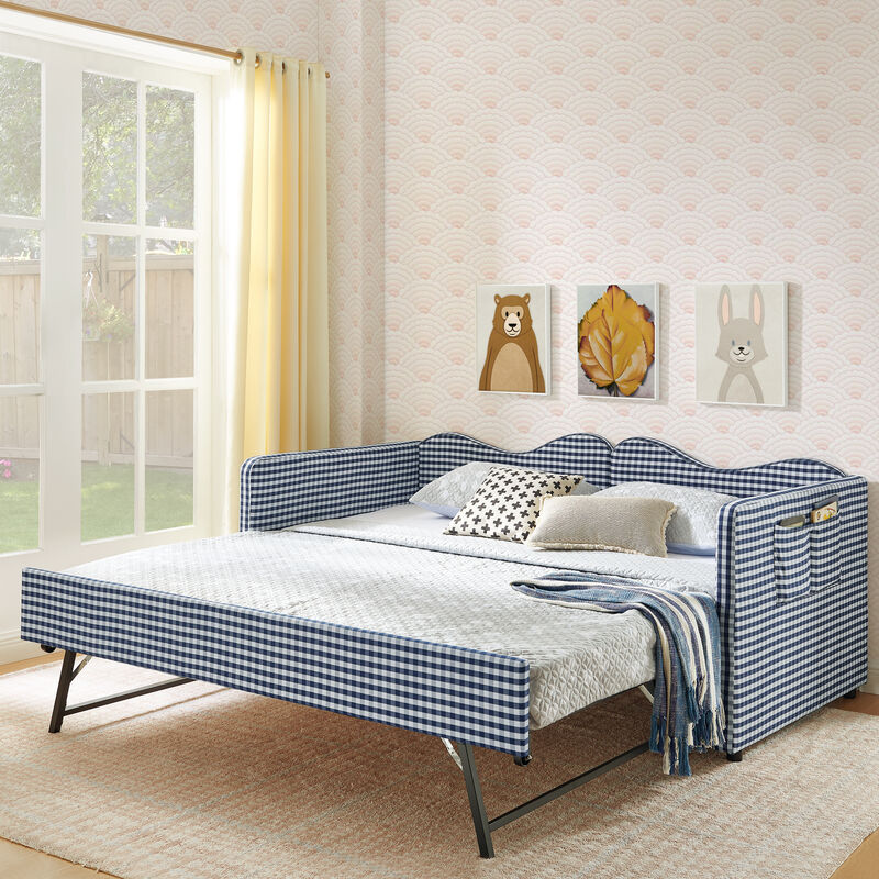 Merax Gingham Daybed with Trundle & Guardrails &ndash; Solid Wood Frame, Side Storage Pocket image number 2