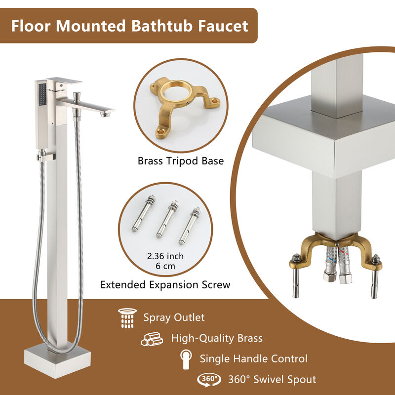 Mondawe One-Handle Brushed Nickel Floor Mount Freestanding Tub Faucet with Handheld Shower