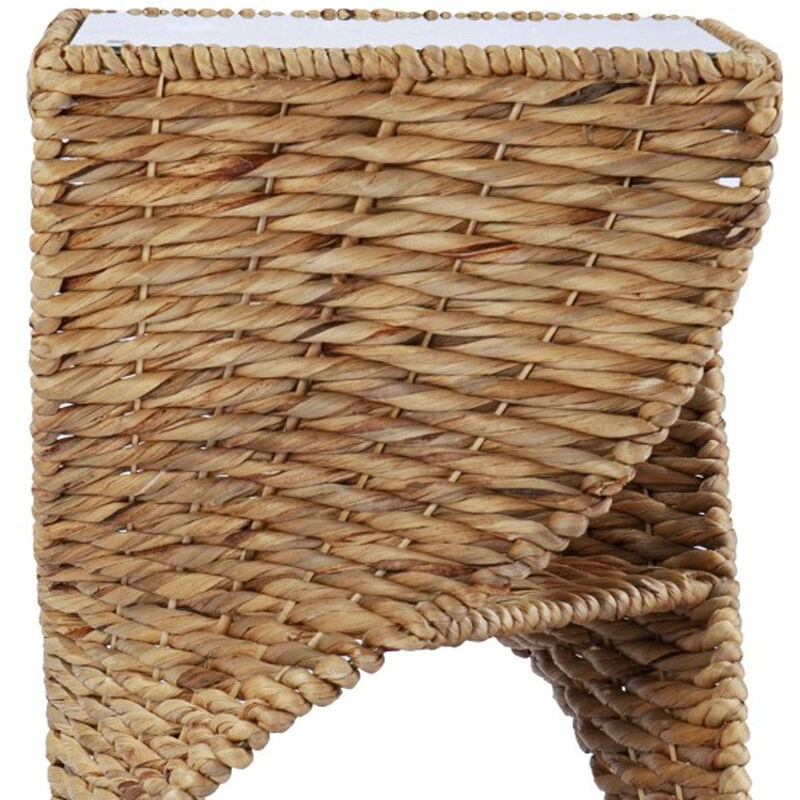 Hivvago 23 Inch  Brown And Natural Rattan Swirl Glass Top Square End Table
