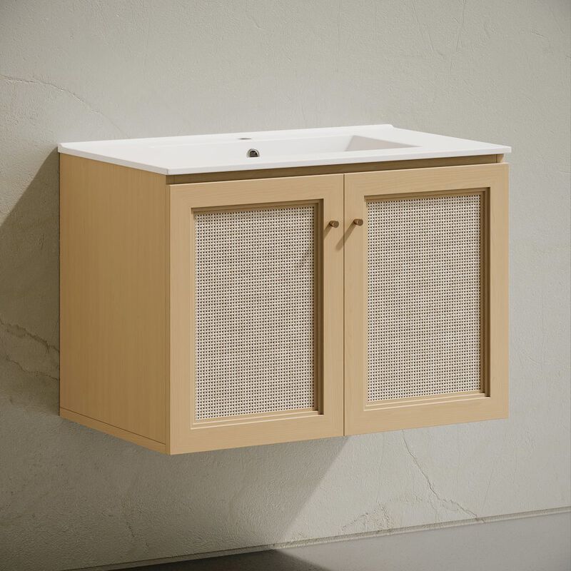 30" Wall-Mounted Bathroom Vanity in Natural Oak, Single Faucet Hole Vanity Top image number 5