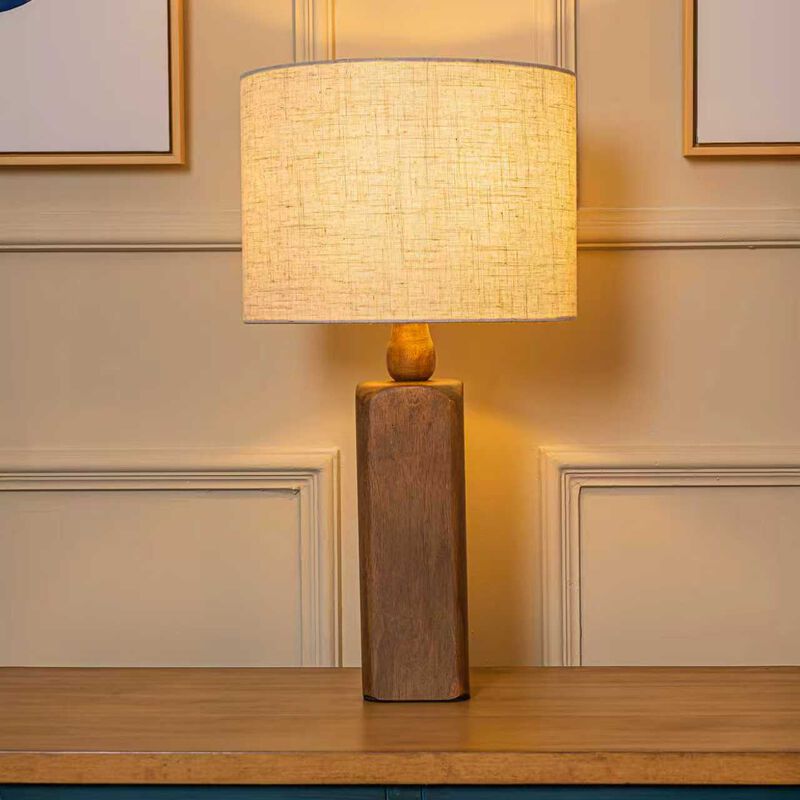 22 In. Farmhouse Table Lamp with Honey Natural Wood Base Classic Beige Fabric Drum Shade Traditional Desk Lamp image number 1