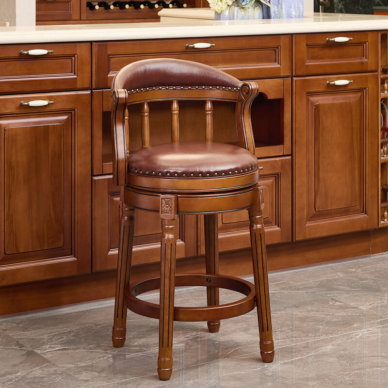 Clihome Cow Top Leather Wooden Bar Stools, 360 Degree Swivel Bar Chair with Backs image number 1