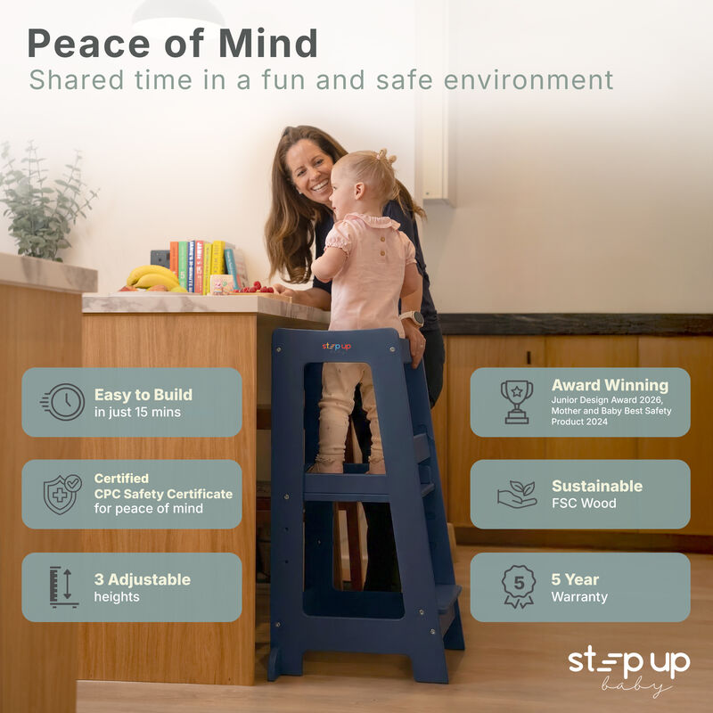 Stepup Baby&reg; Adjustable Toddler Tower - Blue Wooden Step Stool for Kids | Toddler Standing Tower with Child-safe Chopper & Chopping Board for 18M-4Y image number 3