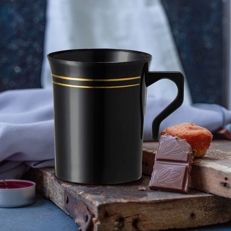 8 oz. Black with Gold Edge Rim Round Plastic Coffee Mugs (120 Mugs) image number 8