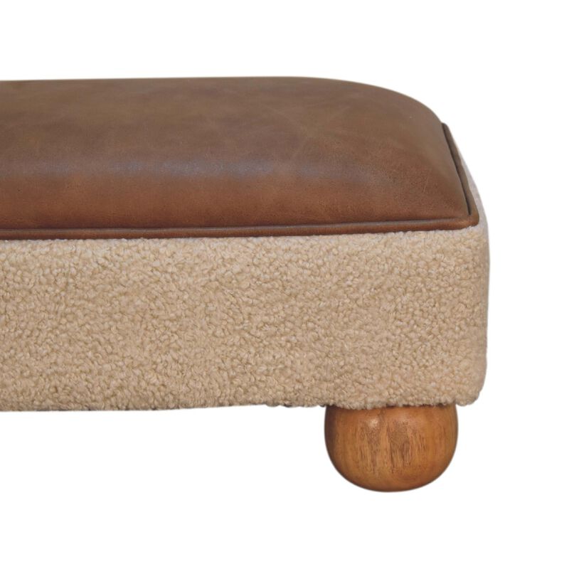 Tan Buffalo Leather Boucle Footstool with Ball Feet