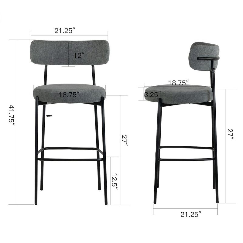 Glamour Home Set of 2 Awen Gray Boucle Bar Stool with Black Legs