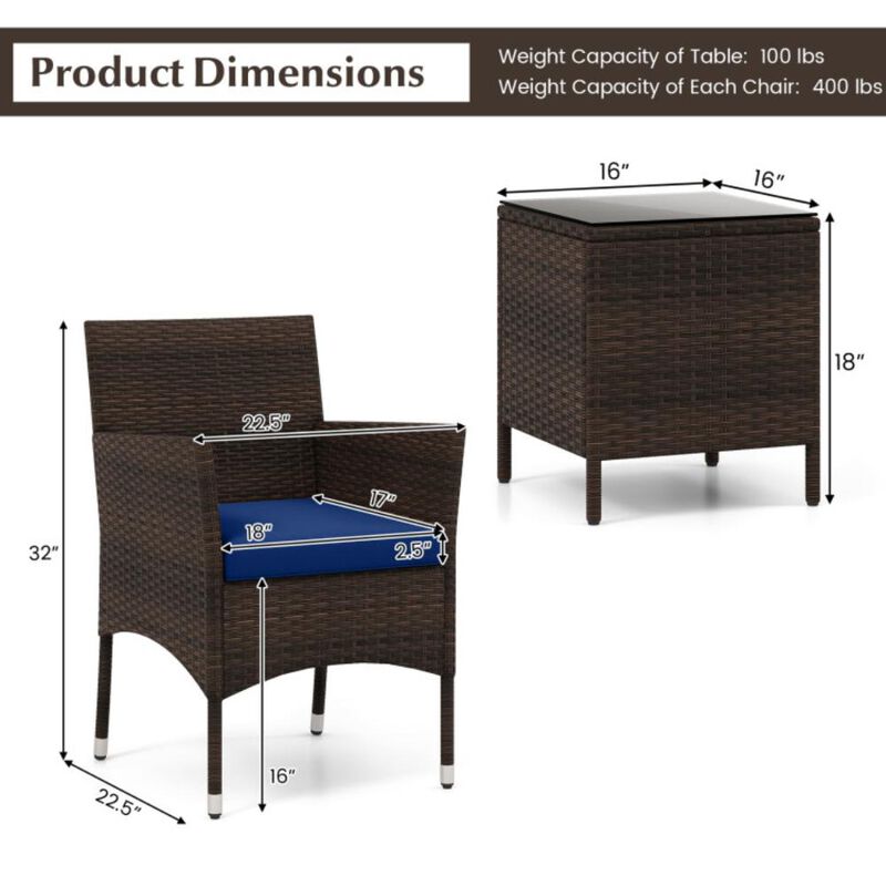 Hivvago 3 Pieces Outdoor Conversation Set with Cushioned Seat and Glass Tabletop