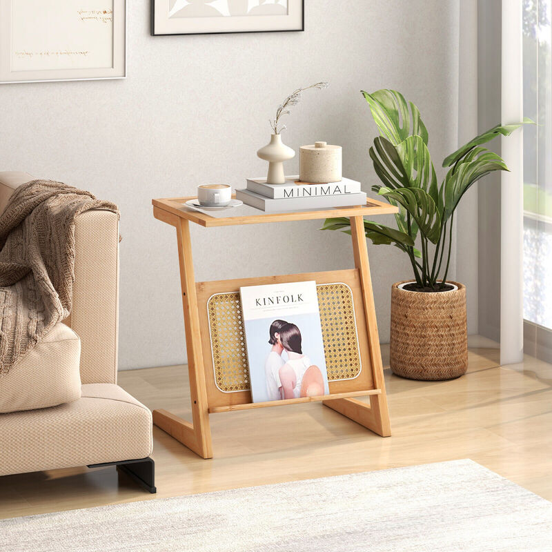 Z-shaped End Table with Magazine Rack and Rattan Shelf-Natural image number 3