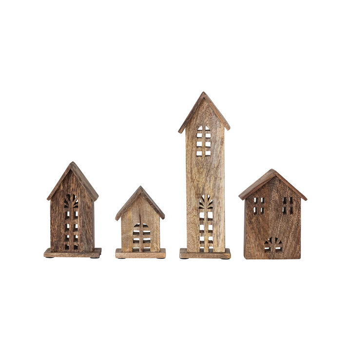 Decorative Carved Mango Wood Houses, Natural, Set of 4