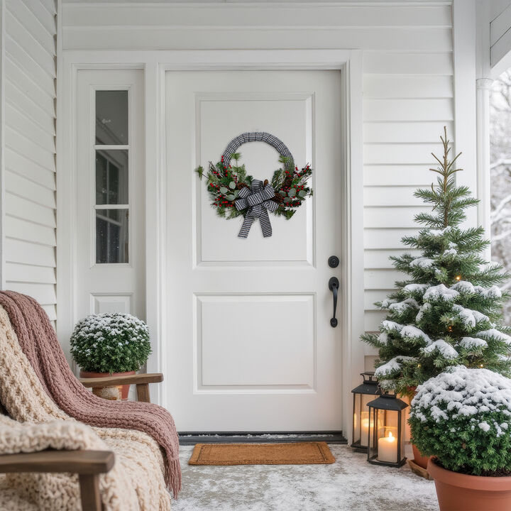 Black and White Houndstooth and Berry Artificial Christmas Wreath - 24-Inch  Unlit
