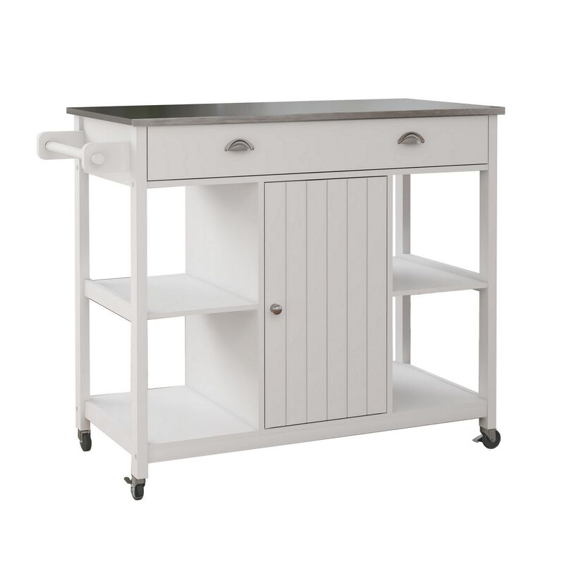 40 Inch Rolling Kitchen Cart, Open Shelves, Stainless Steel Surface, White - Benzara