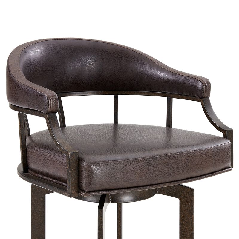 Nuf 30 Inch Swivel Barstool Armchair, Curved Round Back, Brown Faux Leather-Benzara