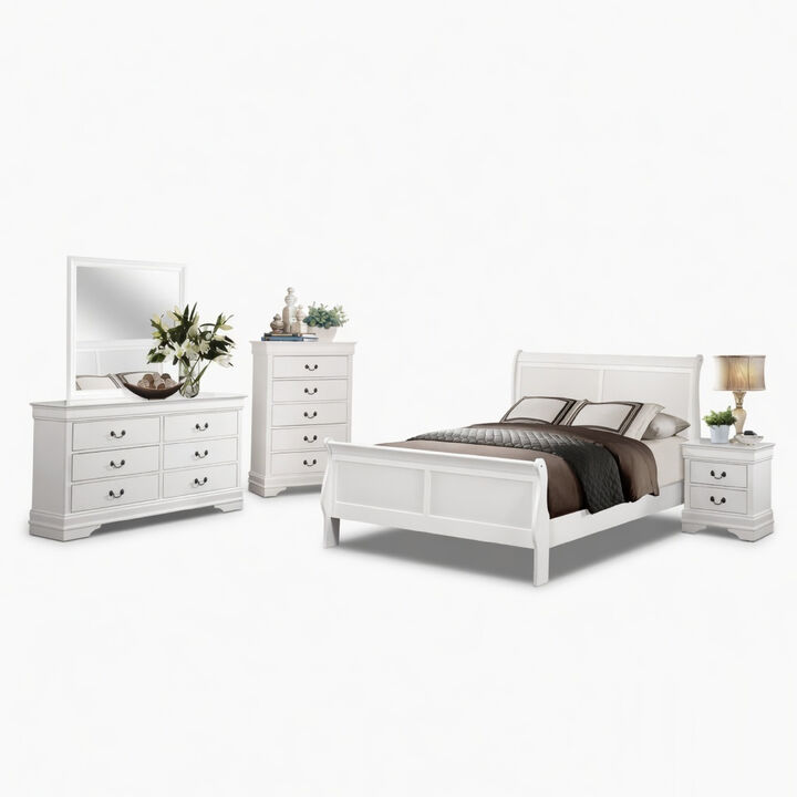 Full Size Bedroom Set, White Finish, 5-Piece Set with Bed, Dresser, Mirror, Chest and Nightstand