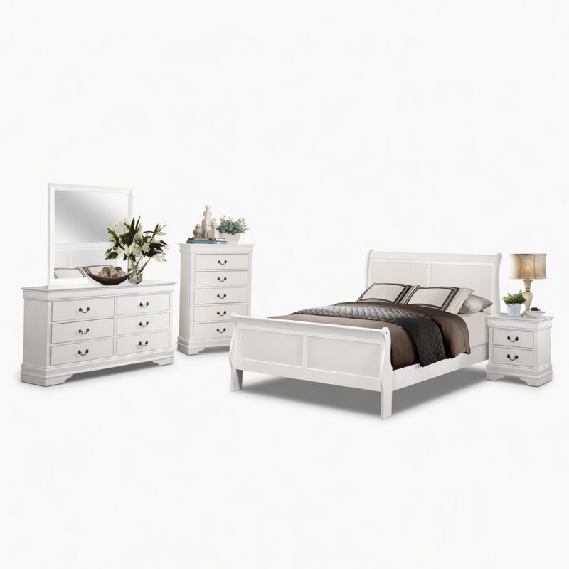 Full Size Bedroom Set, White Finish, 5-Piece Set with Bed, Dresser, Mirror, Chest and Nightstand image number 0