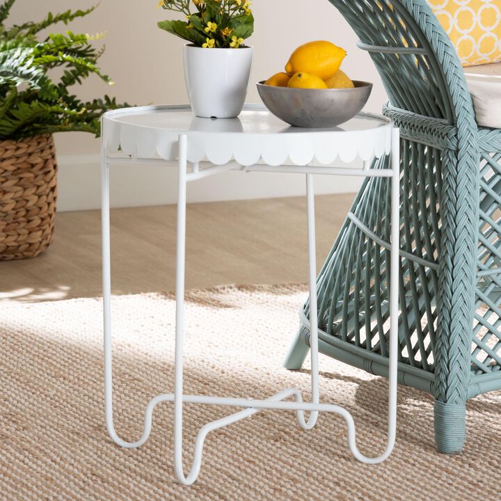 Baxton Studio Laverne White Metal Side Table with Scalloped Tray Top &ndash; Round Accent Table with Decorative Base for Indoor or Semi-Outdoor Use