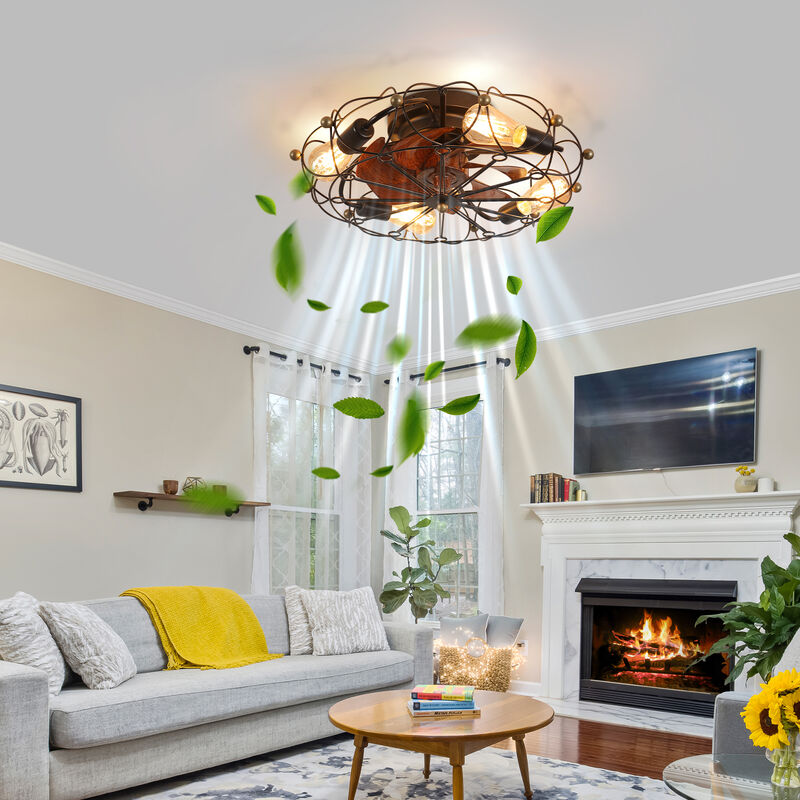 20" Low Profile Caged Ceiling Fan with Lights & Remote &ndash; Industrial Rustic Flush Mount Fan image number 8