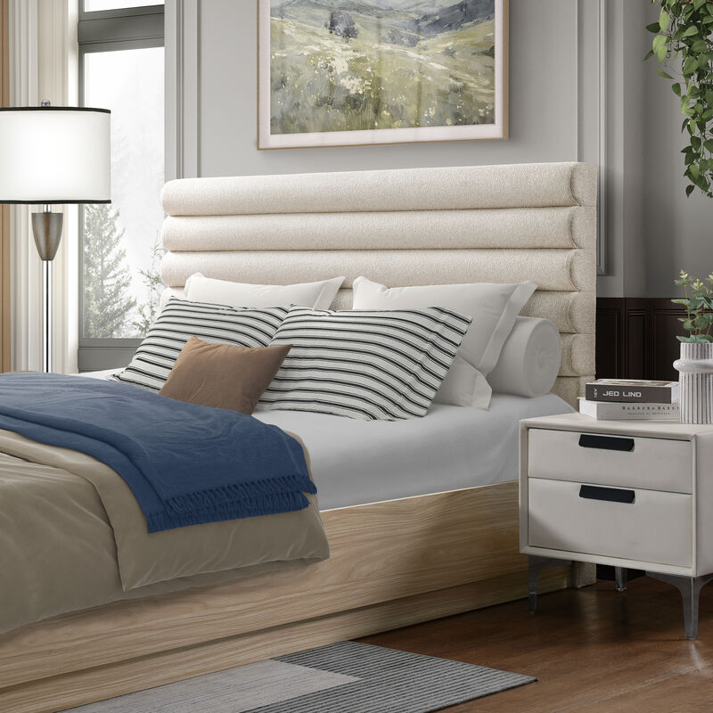 Merax Queen Wood Platform Bed Frame with Taupe Boucle Upholstered Headboard