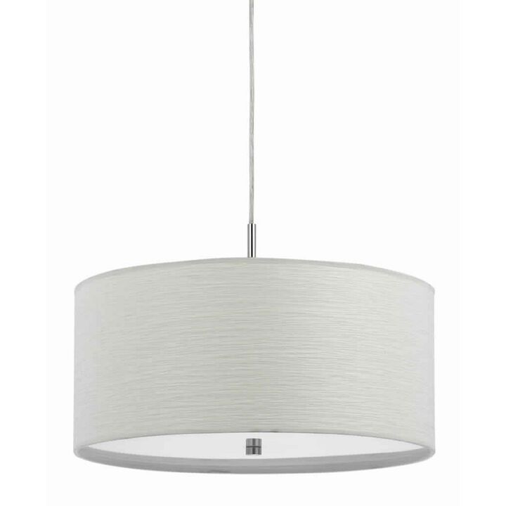 Drum Style Pendant Fixture with Fabric Shade and Brushed Details, White - Benzara