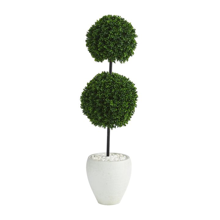 HomPlanti 4 Feet Boxwood Double Ball Artificial Topiary Tree in White Planter UV Resistant (Indoor/Outdoor)