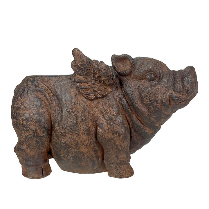 Flying Pig Planter 17" Brown, With Drain Hole, Rustic Indoor Outdoor Decor