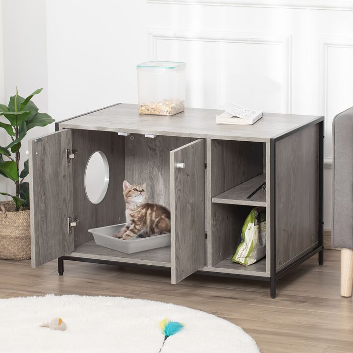 Grey Cat Washroom: Hidden Litter Box Cabinet with Storage