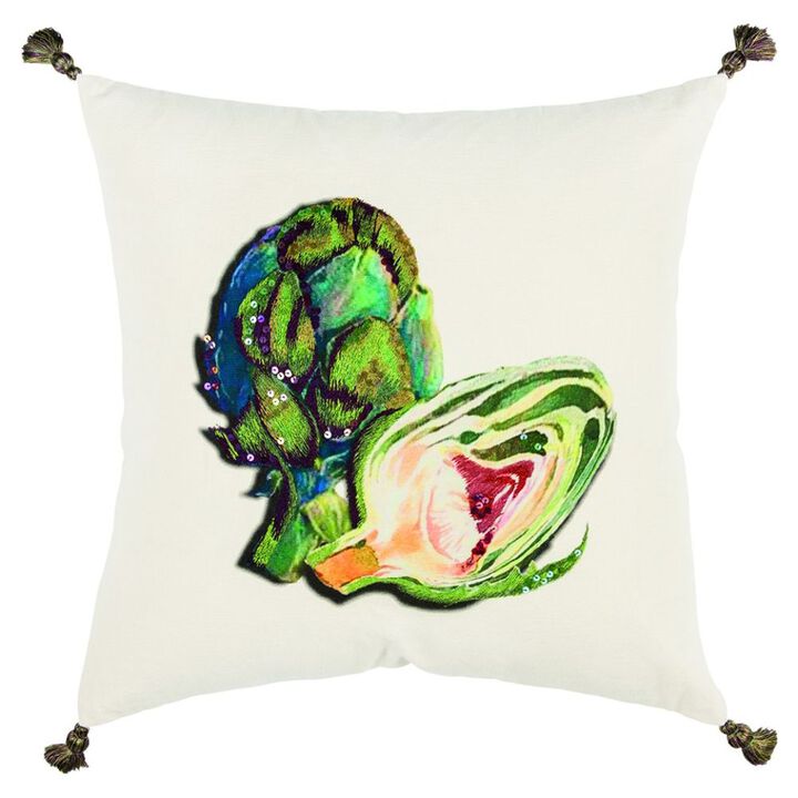 Homezia White Green Embroidered Artichoke Throw Pillow