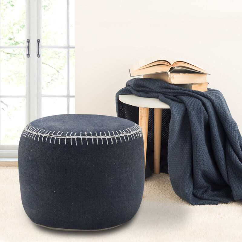 Cylinder Striped Cotton Pouf – Round Ottoman Accent Seat for Living Room