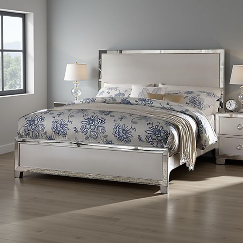 Stylish And Deluxe Queen Size Panel Bed, Silver-Benzara