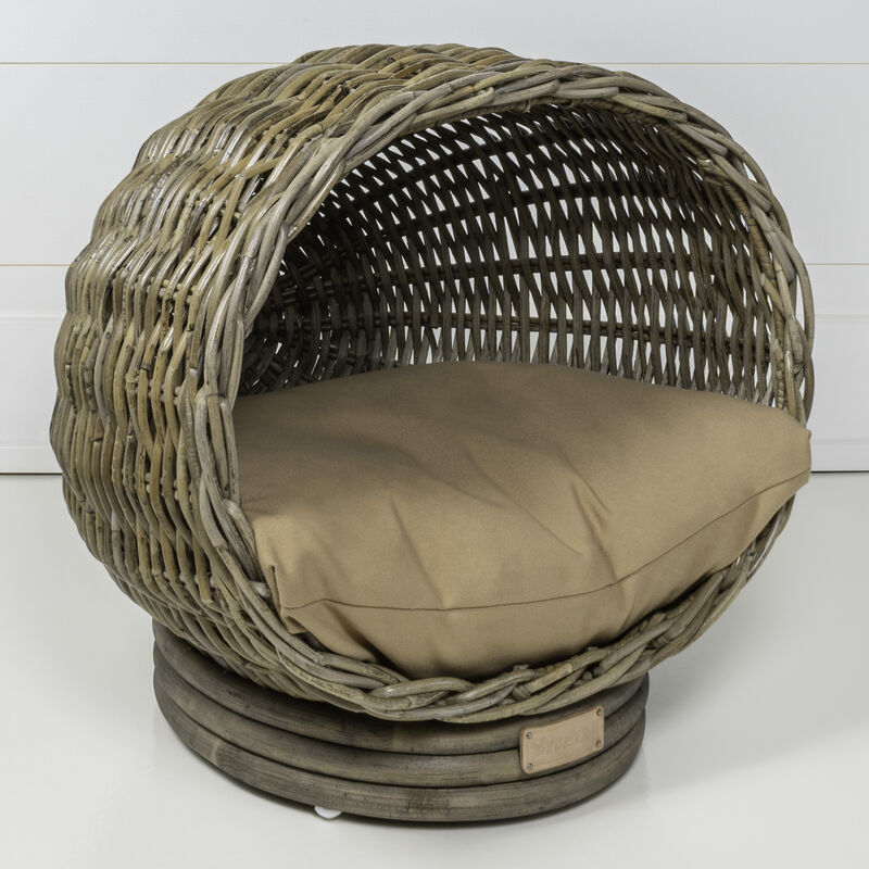 Socket Dome 19.5" x 17" Bohemian Handwoven Rattan Cat Bed with Machine-Washable Cushion, Kubu Gray