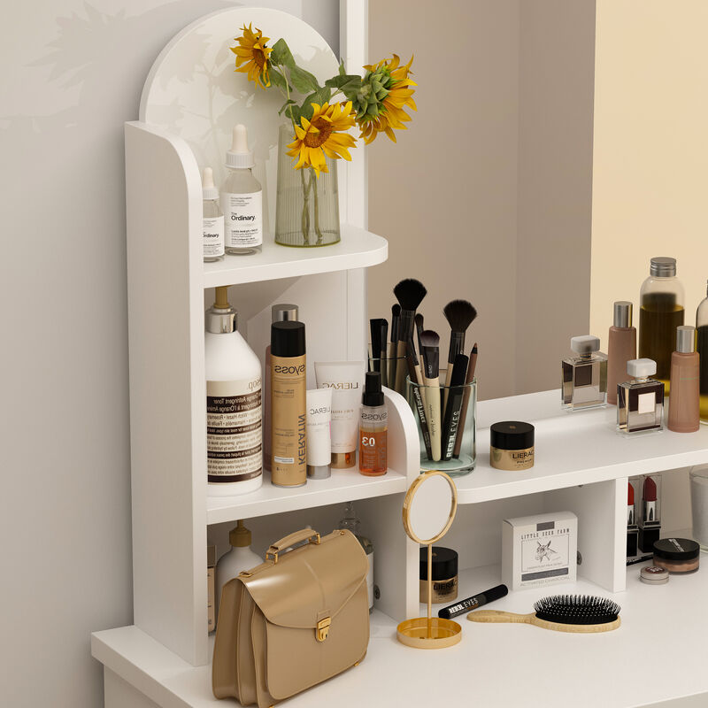 5-Drawers White Makeup Vanity Table Wooden Dressing Desk With Mirror and 3-Tier Storage Shelves 55.1 x 31.5 x 15.7 In.