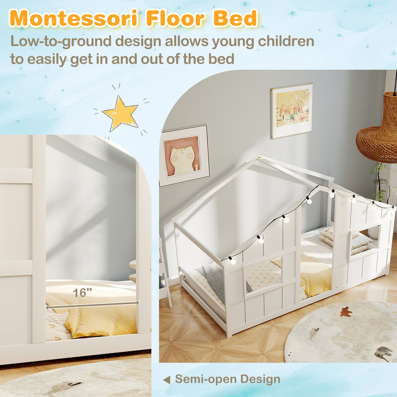 Twin Montessori House Bed with LED Lights, Low Floor Slat-Free Design image number 6