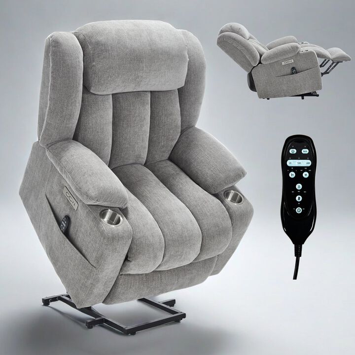 Chenille Power Lift Recliner Chair, with Massage and Heating, USB and Type-C Ports, Stainless Steel Cup Holders