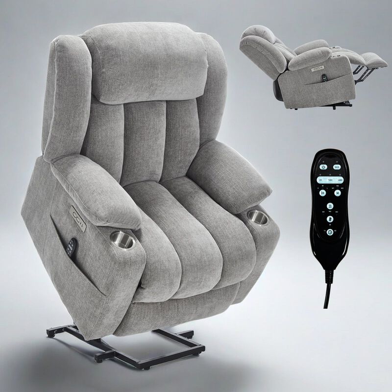 Chenille Power Lift Recliner Chair, with Massage and Heating, USB and Type-C Ports, Stainless Steel Cup Holders image number 0