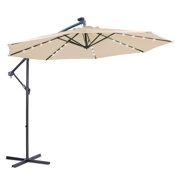 10FT Solar LED Patio Outdoor Umbrella Hanging Cantilever Umbrella Offset Umbrella Easy Open Adjustment with 24 LED Lights - tan