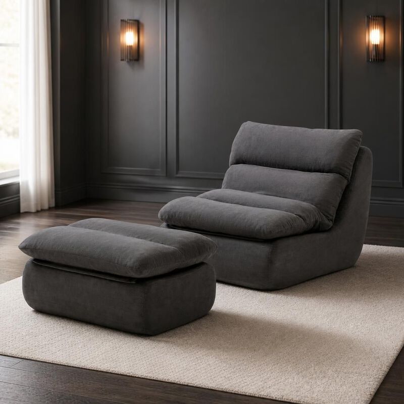 GOODSILO Tufted Upholstered Large Chaise Lounge Bean Bag Chair With Matching Ottoman Comfortable Lazy Sofa For Living Room Bedroom Reading Napping image number 2