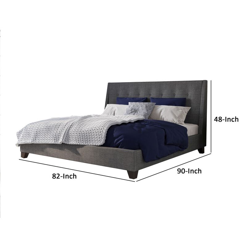 Atina King Bed, Dark Charcoal Gray Linen Upholstered, Slanted Headboard  - Benzara