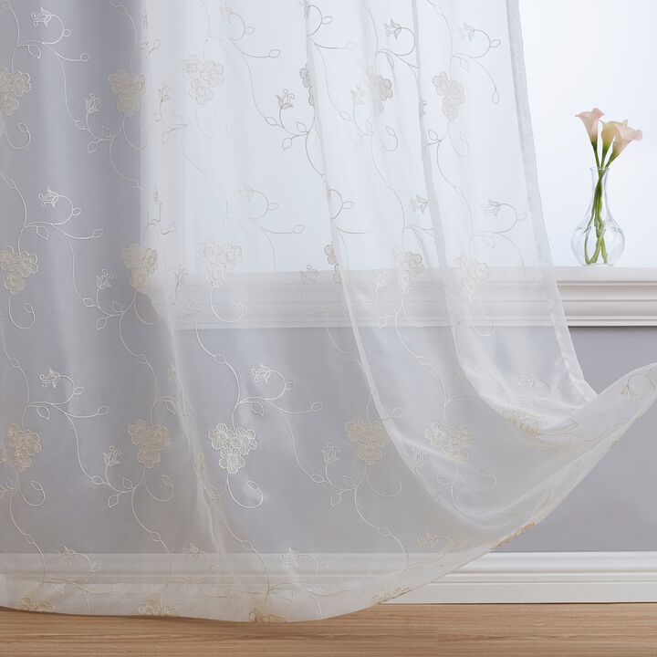 THD Savannah Floral Vine Embroidered Sheer Voile See Through Light Filtering Window Curtain Drapery Rod Pocket Top Panels for Bedroom & Living Room, Set of 2