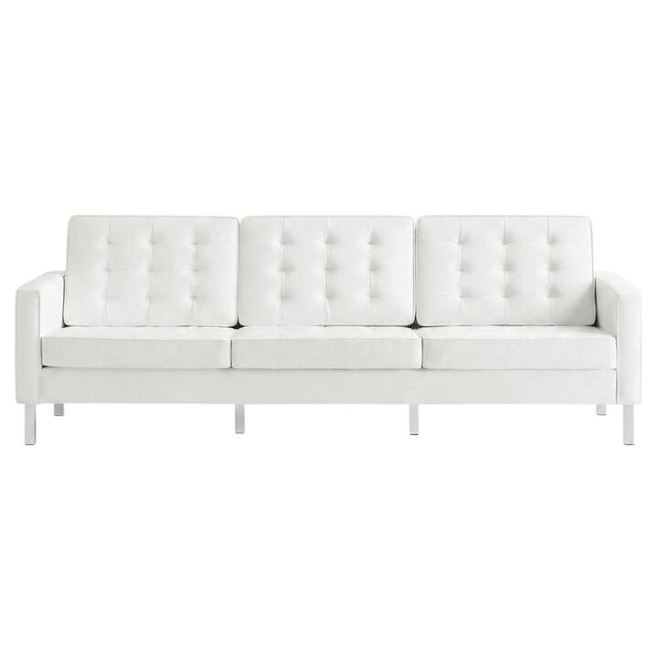 Tufted Vegan Leather Sofa, Faux Leather Couch for Living Room, Silver White