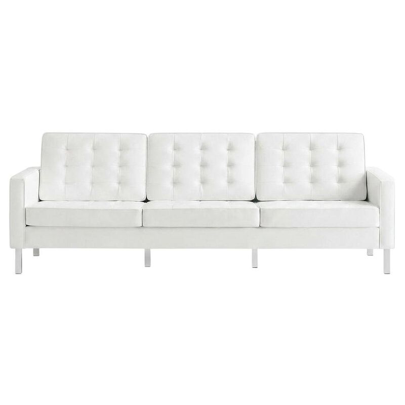 Tufted Vegan Leather Sofa, Faux Leather Couch for Living Room, Silver White image number 0