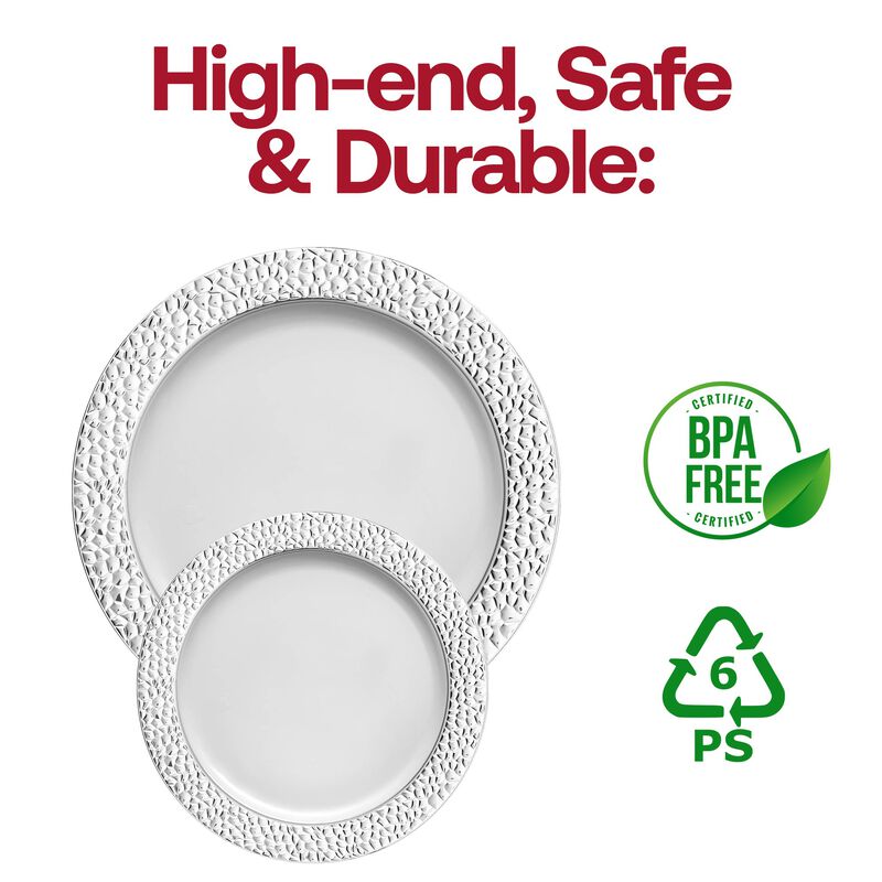 White with Silver Hammered Rim Plastic Dinnerware Value Set (40 Sets) image number 5